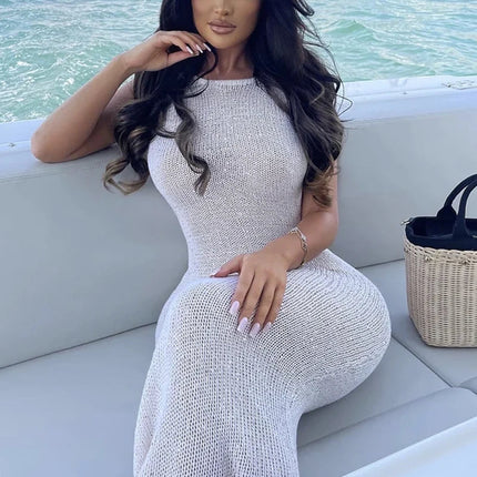Abito lungo senza schienale per le vacanze al mare, copricostume da spiaggia con paillettes scavate in maglia, elegante moda estiva per le donne platinumshop