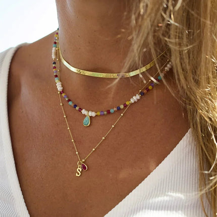 2023 Fashion Multilayer Boho Colorful Bead Chain Necklace For Women Female Crystal Water Drop Metal Letter Pendant Jewelry Gift PlatiNum