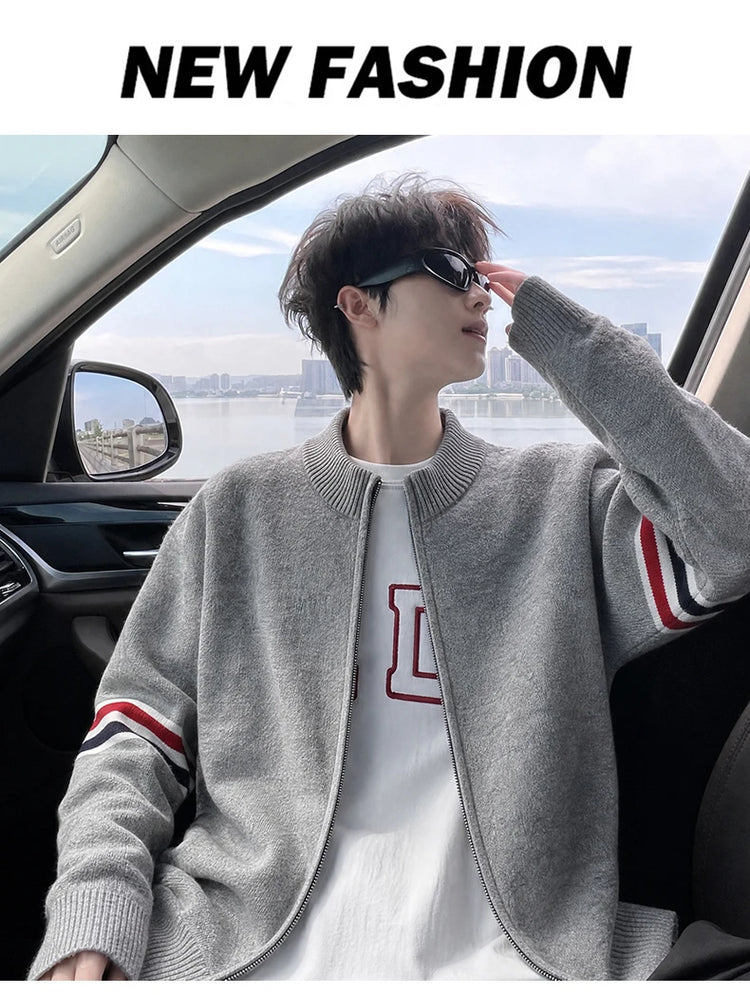 High Quality Fashion Knitted Jacket Men New color blocked striped designer brand casual sweater cardigan autumn warm thick coat