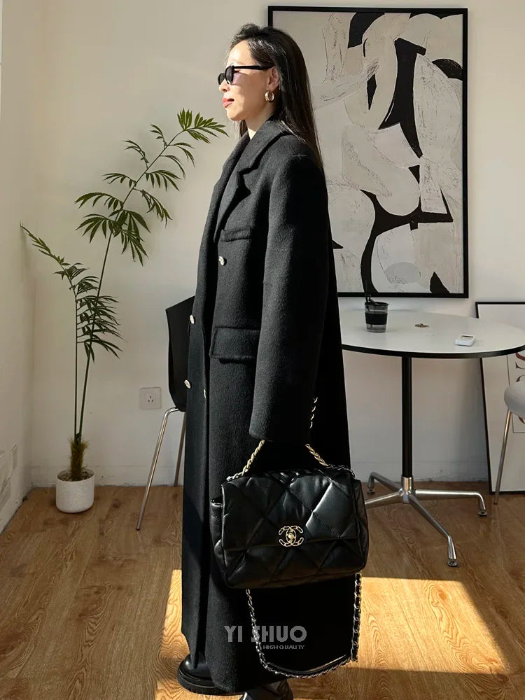 High-end Thick Double-sided Wool Coat Female Fashion Long  Autumn Winter Lapel Double Breasted Wool Coat Women Loose Outerwear