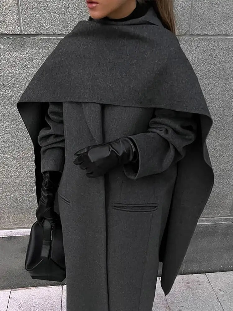 Elegant Big Scarf Collar Women's Coat Fashion Double Breasted Pockets Overcoats 2026 Autumn New High Street Oversize Outerwears