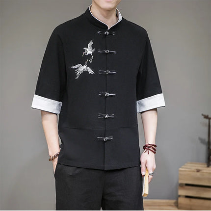 Camicie con ricamo gru Abbigliamento tradizionale cinese vintage Mezza manica da uomo in lino Solido colletto Madarin Cardigan Hanfu Kungfu