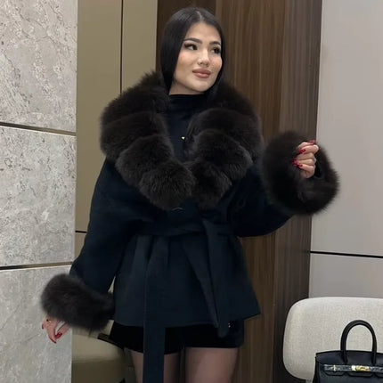 Solid Color Faux Fur Collar Cuff Wool Coat Women Belted Waist Short Jacket 2026 Winter Lady Street Daily Party Casual Outwear