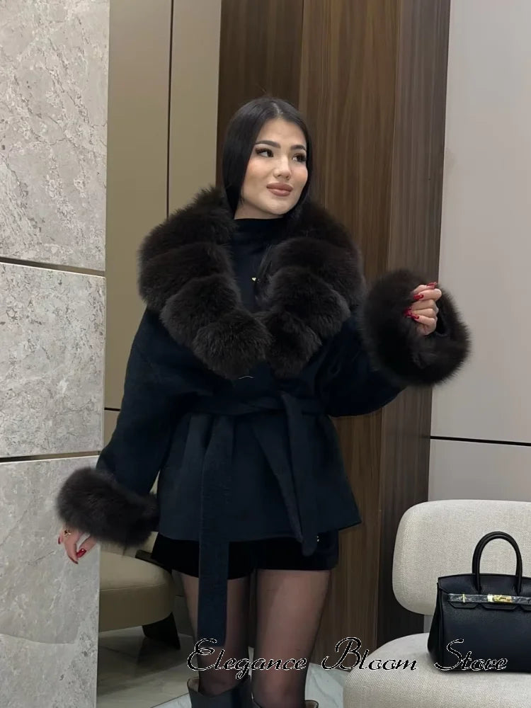 Solid Color Faux Fur Collar Cuff Wool Coat Women Belted Waist Short Jacket 2026 Winter Lady Street Daily Party Casual Outwear