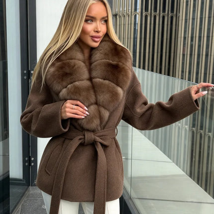 OFTBUY Women 100% Wool Short Coat Real Fox Fur Collar Woolen Jacket New Luxury Winter Natural Fur Clothes Warm Belted Outerwear