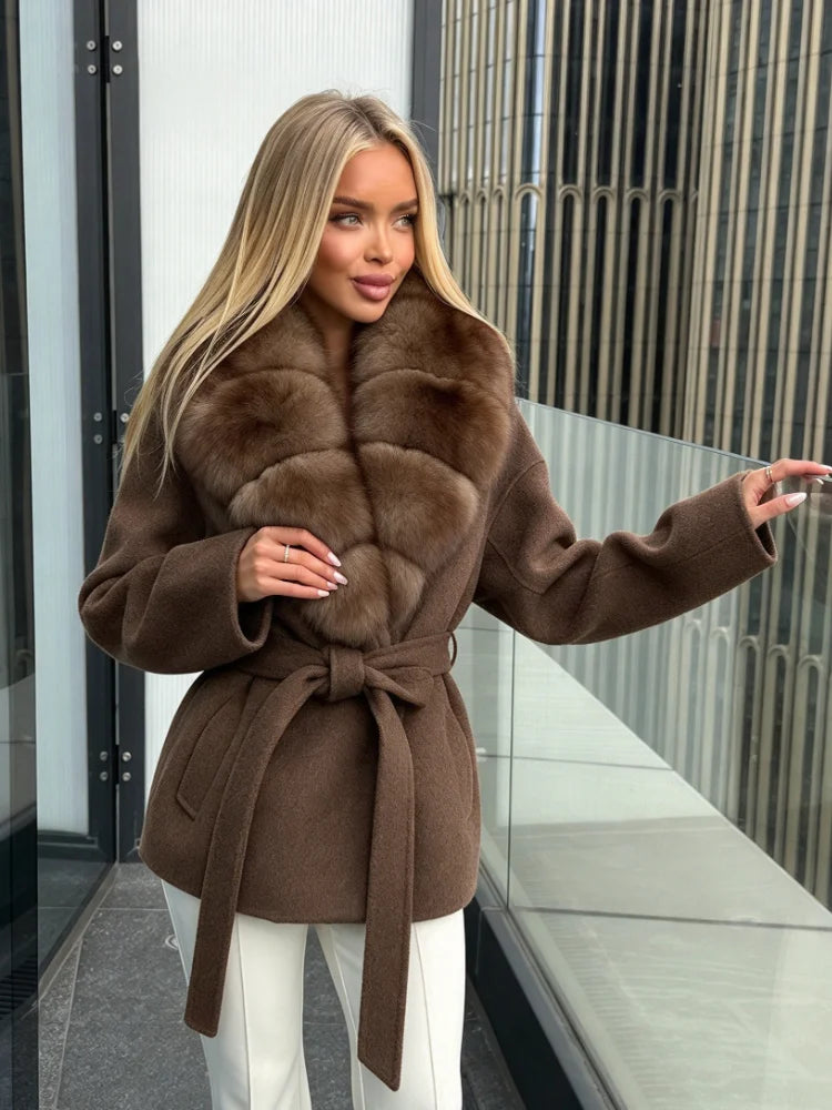 OFTBUY Women 100% Wool Short Coat Real Fox Fur Collar Woolen Jacket New Luxury Winter Natural Fur Clothes Warm Belted Outerwear