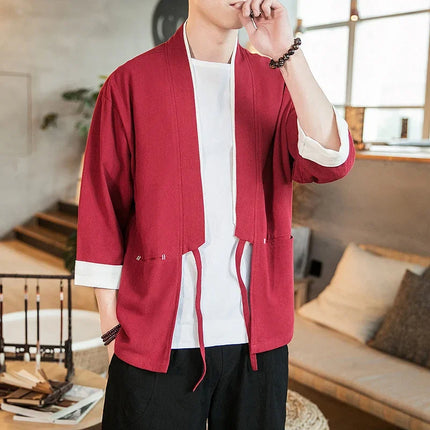 Nuova Camicia Uomo Kimono Giapponese in Cotone e Lino, T-shirt Comoda e Traspirante, Costume da Samurai Tradizionale, Camicia Casual Haori per Uomo