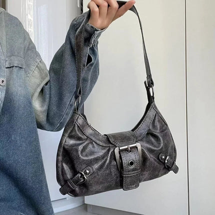 Y2K Vintage Distressed Leather Women Bag Shoulder Bag Maillard Style Underarm Purse Two Tone Crossbody Bag for Women PlatiNum