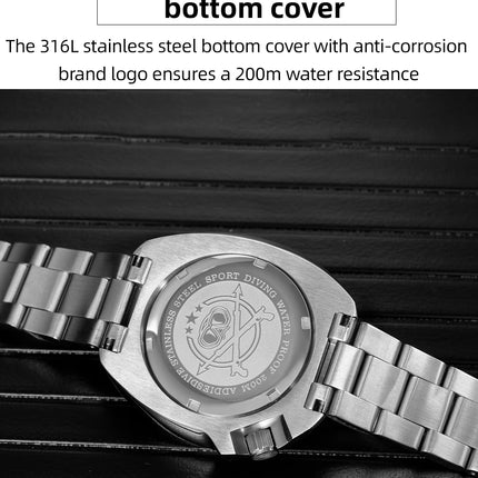 ADDIESDIVE New 43.8mm Watch for Men Dive AD2511 Luxury Sapphire Quartz Wristwatch 100m Waterproof Stainless Steel Luminous Watch