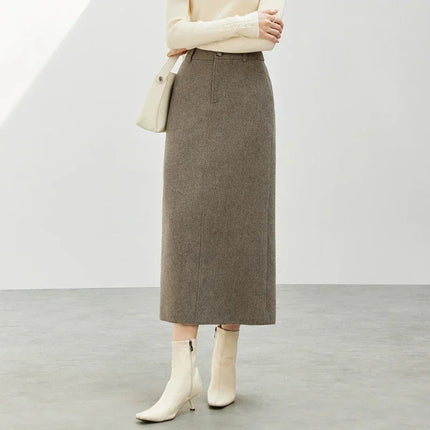 SENTUBILA Straight Wool Skirt Women 2025 Winter Vintage Elegant Tweed High-waist Slit-hem Temperament Long Skirts 144Q56942 PlatiNum