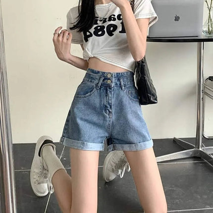 Women's summer thin denim shorts with loose fit high waist slimming effect wide legs and rolled edge hot pants for outerwear PlatiNum
