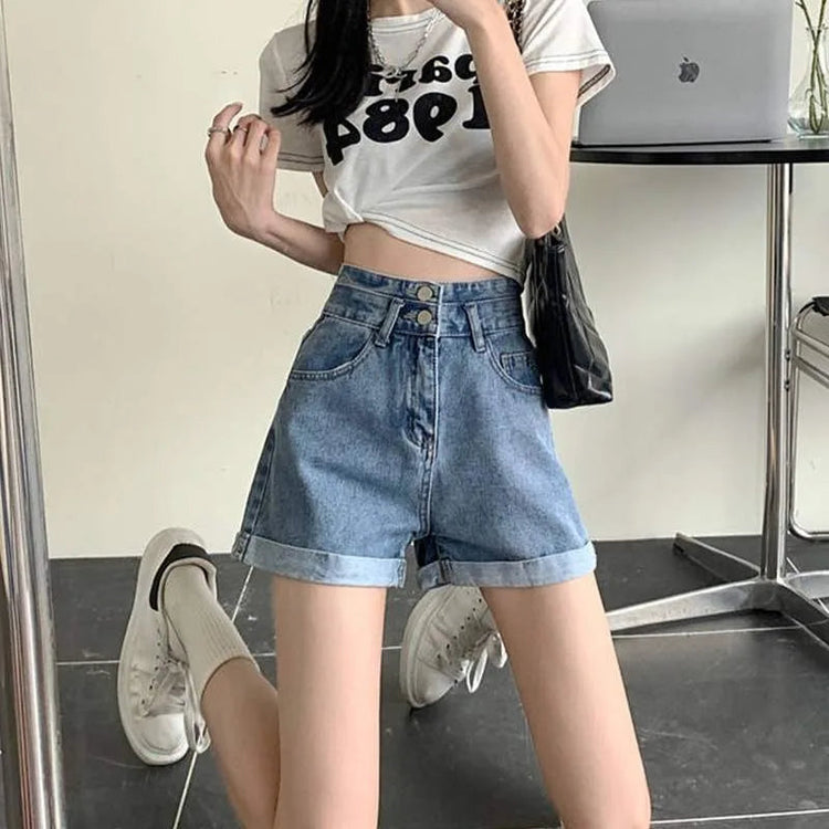 Women's summer thin denim shorts with loose fit high waist slimming effect wide legs and rolled edge hot pants for outerwear PlatiNum