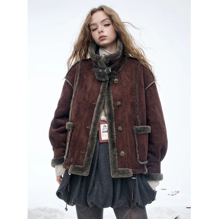 ELFSACK Women's Vintage Suede Plush Winter Coat 2025, Loose Turn-Down Collar Blend Jacket, Casual Versatile Outerwear
