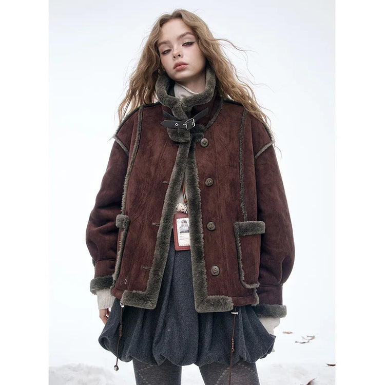 ELFSACK Women's Vintage Suede Plush Winter Coat 2025, Loose Turn-Down Collar Blend Jacket, Casual Versatile Outerwear