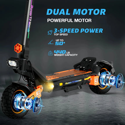 Potente Monopattino Elettrico T2 Master, 2400W, 52V 20.8Ah, Autonomia 65km, Doppio Motore, Pneumatici All-Terrain da 10'', Pieghevole