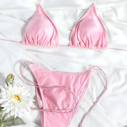 Set Bikini Triangolo Sexy Micro Thong, Costume da Bagno Donna, Biquini con Lacci, Abbigliamento da Spiaggia Stampato, Bikini Thong platinumshop