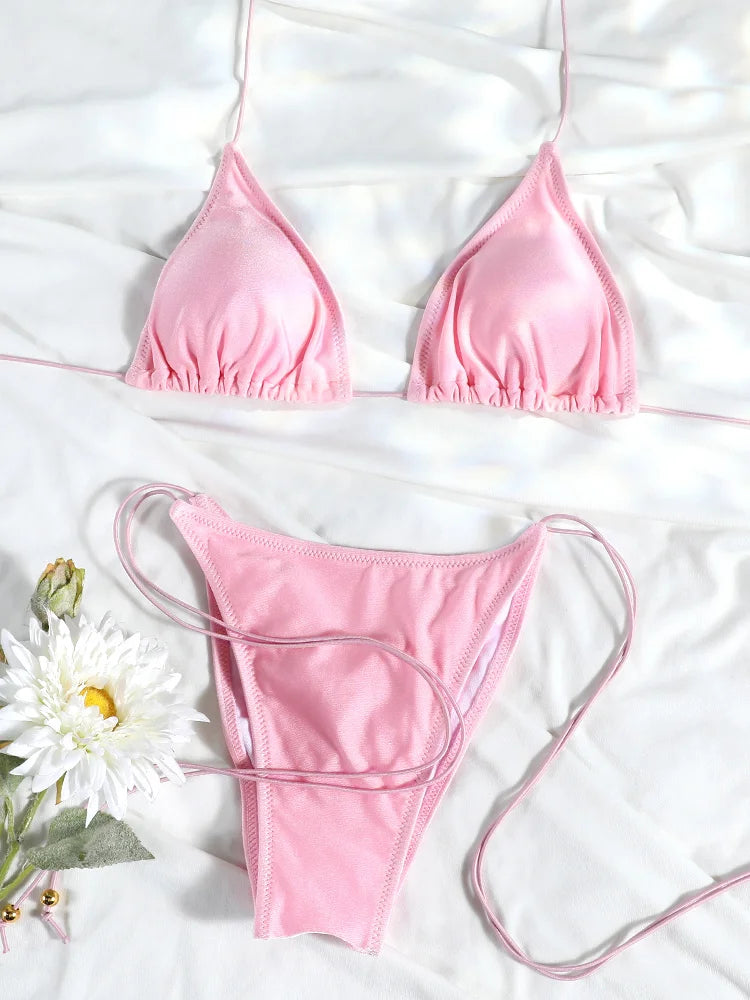 Set Bikini Triangolo Sexy Micro Thong, Costume da Bagno Donna, Biquini con Lacci, Abbigliamento da Spiaggia Stampato, Bikini Thong platinumshop
