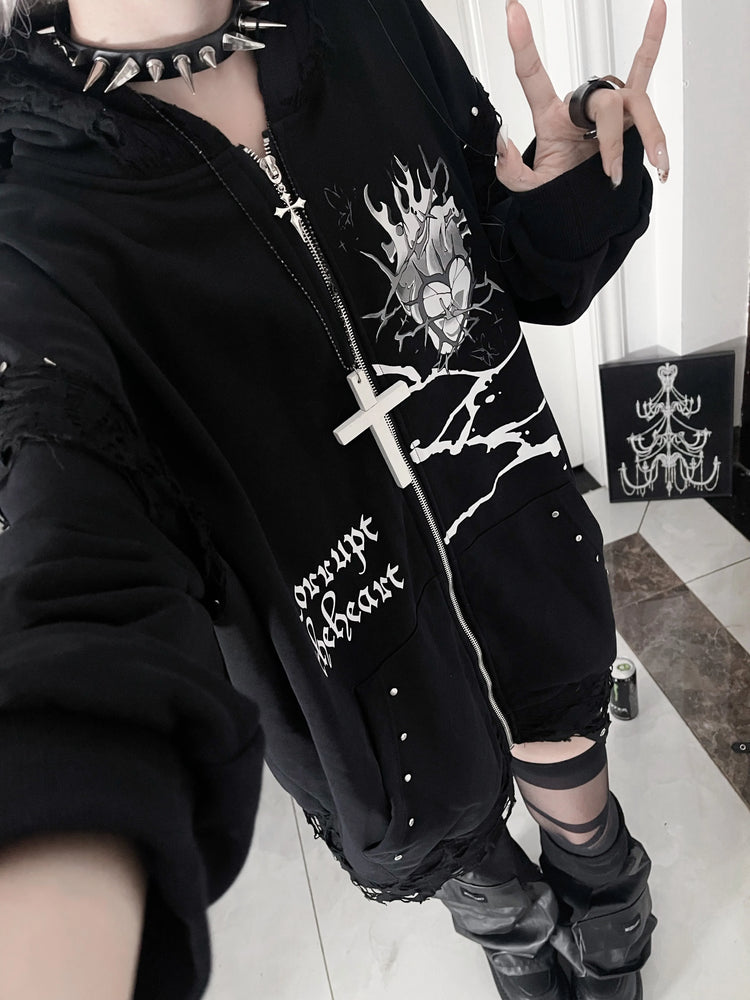 Original Print Subculture Dark Loose Cat Ear Distressed Hooded Sweatshirt Jacket Zip Up Hoodie Oversized Hoodie