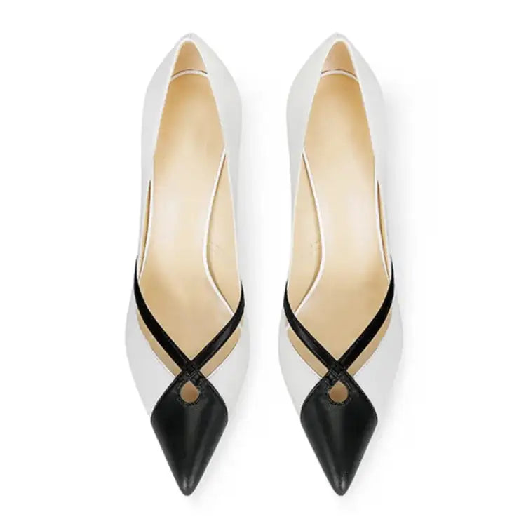 Scarpe da banchetto slip-on con tacco alto in pelle bianca opaca patchwork con punta a punta e tacchi a spillo bassi platinumshop