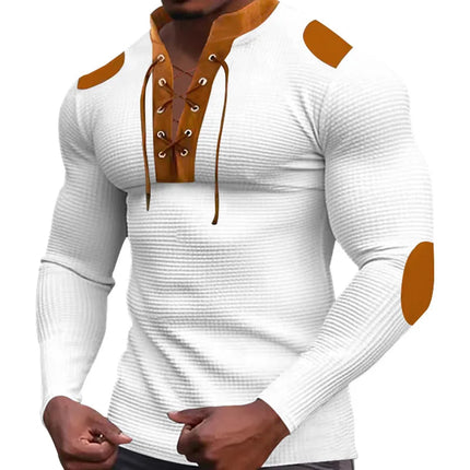Cross-border new men's waffle color matching strap V-neck top casual long-sleeved bottoming T-shirt PlatiNum