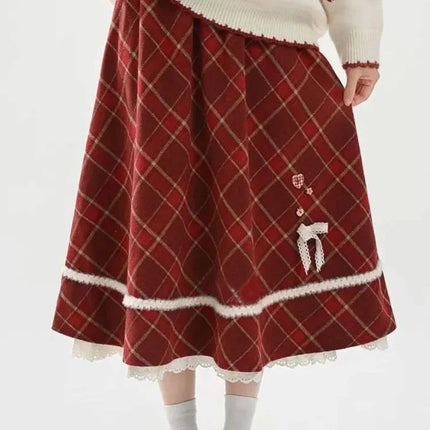 Sweet Red Plaid Long Skirt Women Vintage Faux Woolen Bow Cute Skirts Lace Patchwork High Waist Korean Elegant Warm Long Skirts PlatiNum