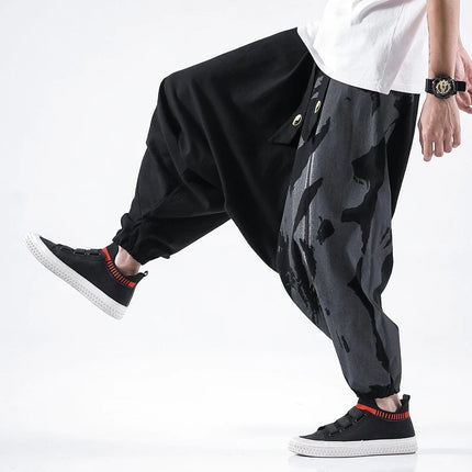 Pantaloni alla moda da uomo Samurai giapponese Ukiyo-e Cintura con stampa Pantaloni stile harem da uomo in cotone e lino Casual Oversize Harajuku Pantaloni a gamba larga da uomo