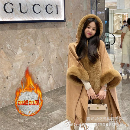 Faux Rabbit Fur Capes Coats Women Plaid Poncho Jackets Tassel Hooded Batwing Sleeves Open Stitch Loose Casual 2025 Autumn Winter