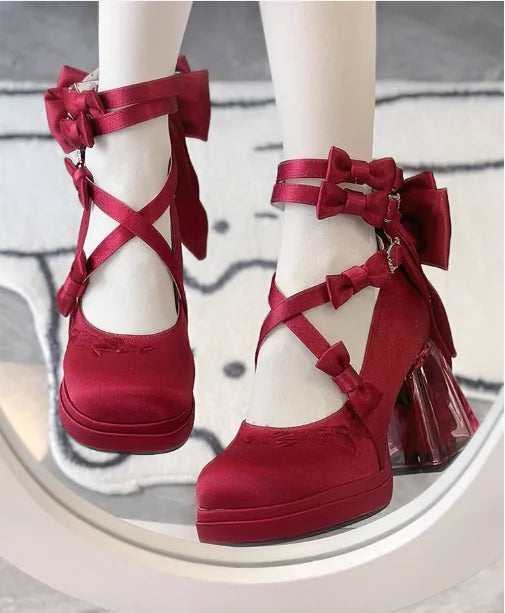 Silk Belt Buckle Round Toe Butterfly-Knot Women Pumps Shoes Chunky Rose Flower High Heels Buckle Strap Design Merry Jane Shoes