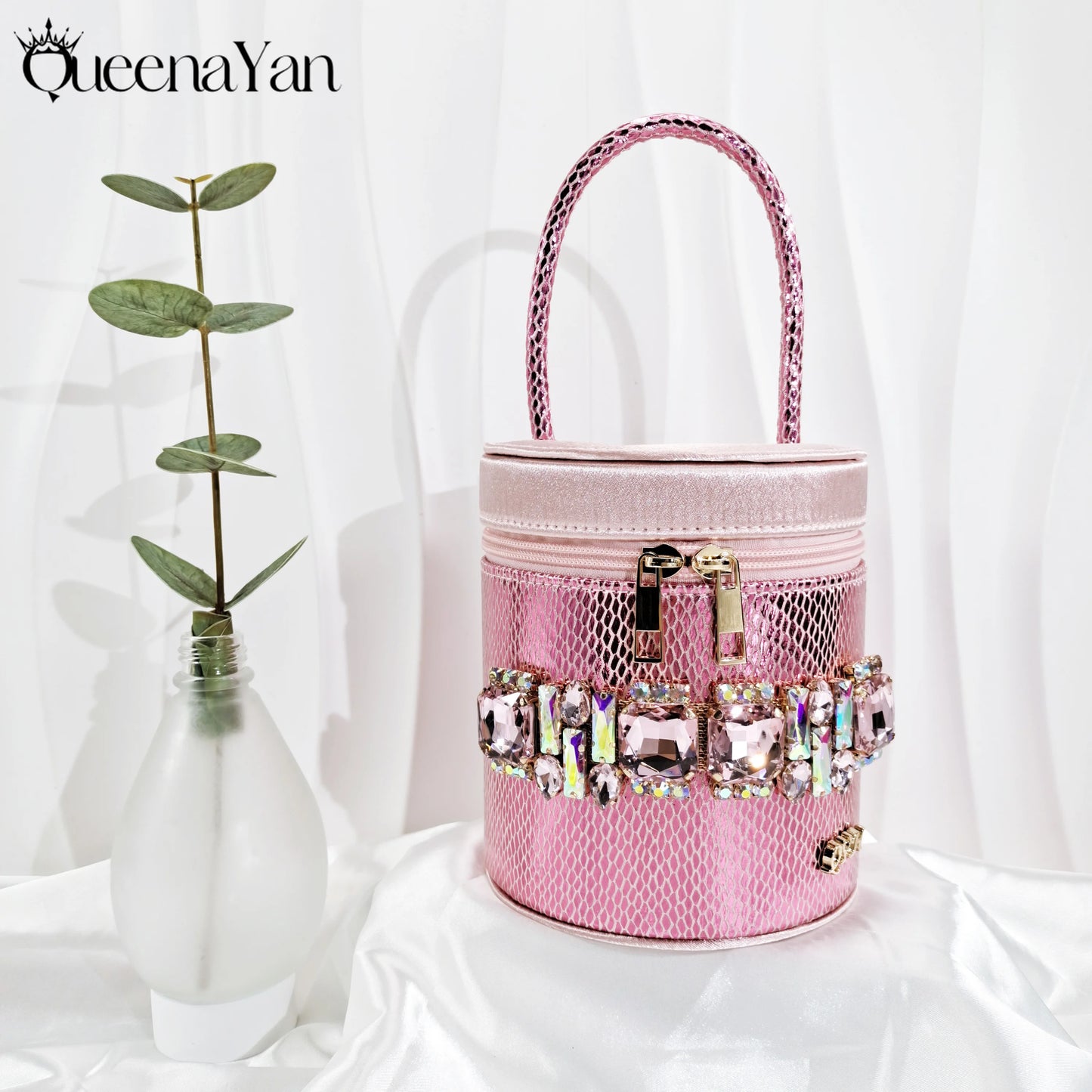 Queena Yan Nigerian-Inspired Rhinestone High Heels With Colourful Bucket Bag Fashionable Womens Footwear And Accessories Set