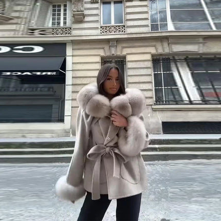 Casual Patchwork Faux Fur Collar Women's Coat Lace Up Pockets Thicken Lady Coats 2026 Autumn Winter Female Street Outerwear