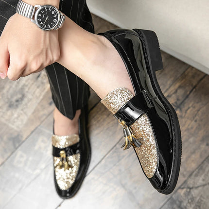 Mocassini di Lusso da Uomo con Tacco Basso, Slip-on Casual in Pelle Dorata, Scarpe da Festa con Nappe, Scarpe Eleganti da Uomo, Scarpe con Plateau da Uomo