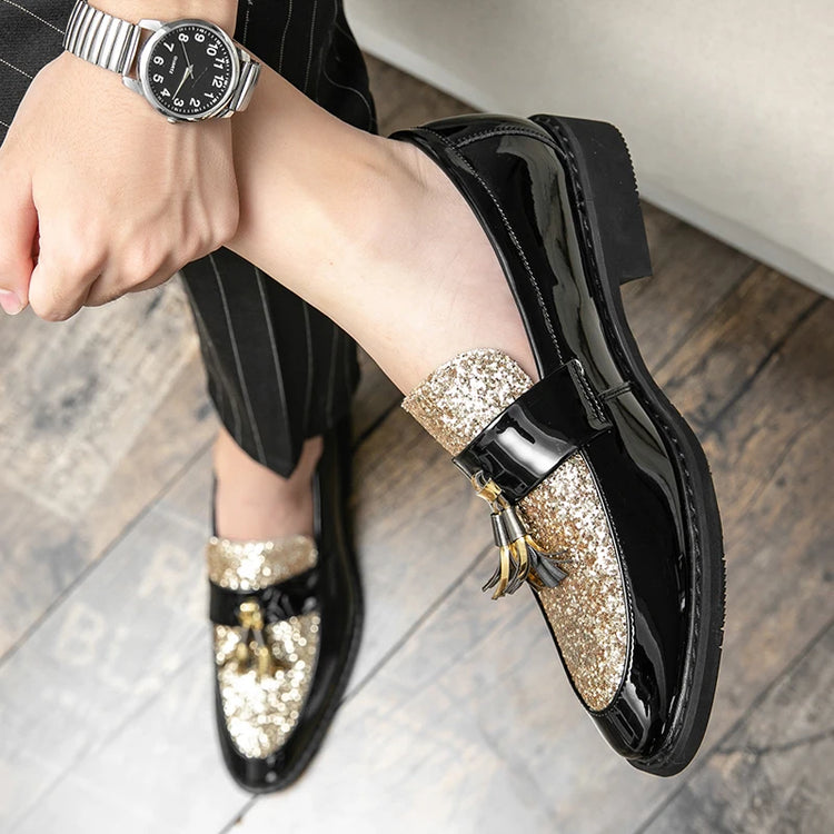 Mocassini di Lusso da Uomo con Tacco Basso, Slip-on Casual in Pelle Dorata, Scarpe da Festa con Nappe, Scarpe Eleganti da Uomo, Scarpe con Plateau da Uomo