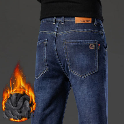Men's Loose Straight Pants 2026 New Winter Fashion Warmt Plush Thick Jeans Cotton Straight Fleece Male Brand Denim Trousers