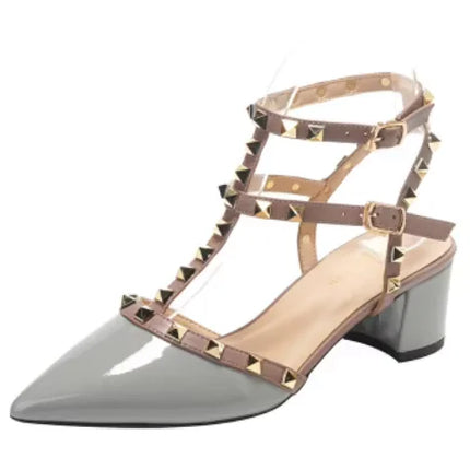 Scarpe singole con borchie in pelle verniciata da donna 2 fibbie décolleté lucide con cinturino a T 5.5cm punta a punta fatta a mano sandali taglie forti larghi 48