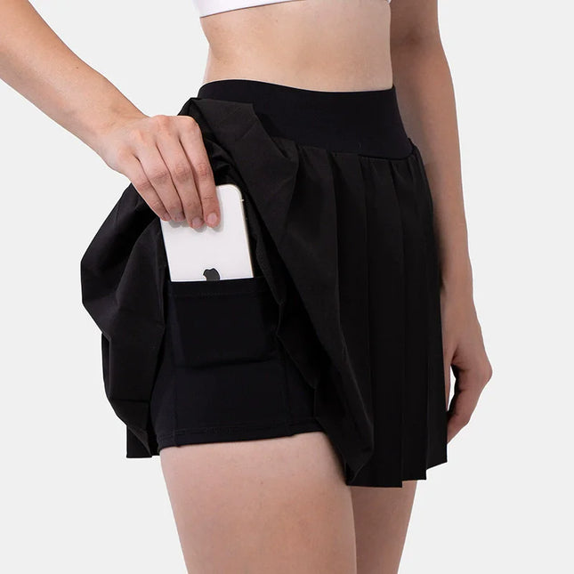 Women's sexy summer mini skirt with side bandage, elastic high waist, built-in shorts, slim A-line model, tennis style, ideal for the club.