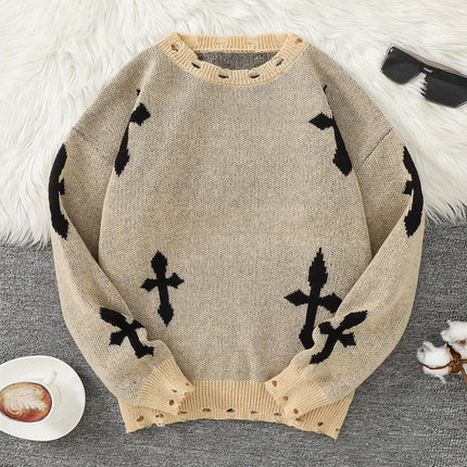 Trendy Street Style Ripped Cross Pattern Pullover Ripped Sweater Casual Crew Neck Knit Men's Pullover