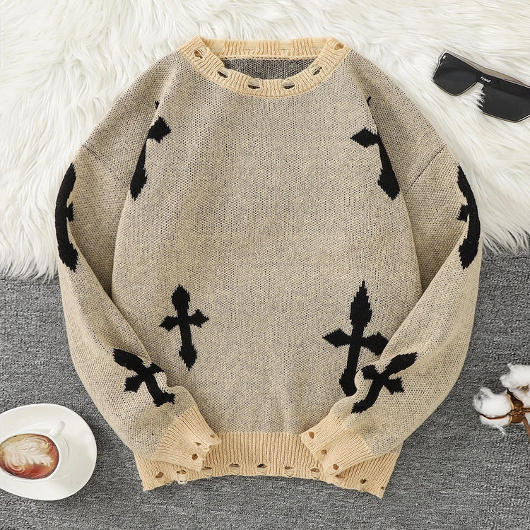 Trendy Street Style Ripped Cross Pattern Pullover Ripped Sweater Casual Crew Neck Knit Men's Pullover