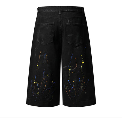 IEFB Niche Pantaloncini in denim da uomo con schizzi di vernice, casual, a gamba larga, alla moda, vestibilità ampia, lunghezza al ginocchio, 9X3271