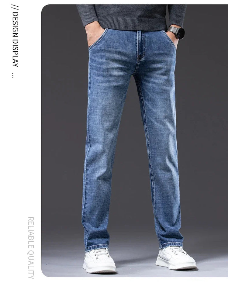 Autumn Men's Business Straight Fit Jeans Vintage Blue Smoke Gray Stretch Trousers Soft Comfortable Fabric Denim Pants Male PlatiNum