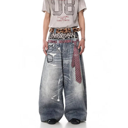 KEQI Jeans Blu da Uomo Y2k Gyaru Punk Oversize con Stampa 3D, Pantaloni in Denim Vintage Hiphop Grunge Baggy, Abbigliamento Alternativo