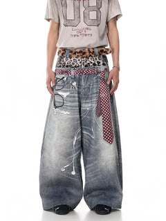 KEQI Jeans Blu da Uomo Y2k Gyaru Punk Oversize con Stampa 3D, Pantaloni in Denim Vintage Hiphop Grunge Baggy, Abbigliamento Alternativo