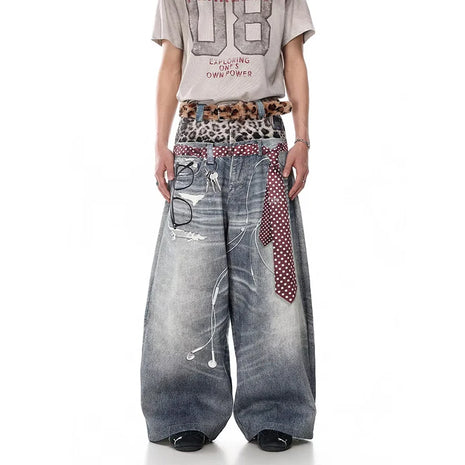 KEQI Jeans Blu da Uomo Y2k Gyaru Punk Oversize con Stampa 3D, Pantaloni in Denim Vintage Hiphop Grunge Baggy, Abbigliamento Alternativo