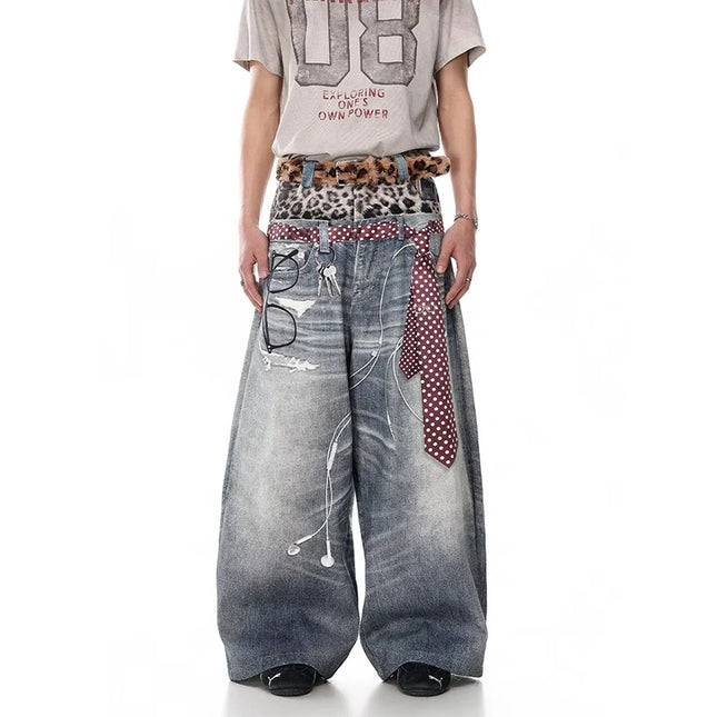 KEQI Men's Y2k Gyaru Punk Oversized Blue Jeans with 3D Print, Vintage Hiphop Grunge Baggy Denim Pants, Alternative Apparel