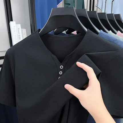 New Men's Casual and Fashionable Three Button V-neck Solid Color Short Sleeved T-shirt Summer Versatile Top PlatiNum