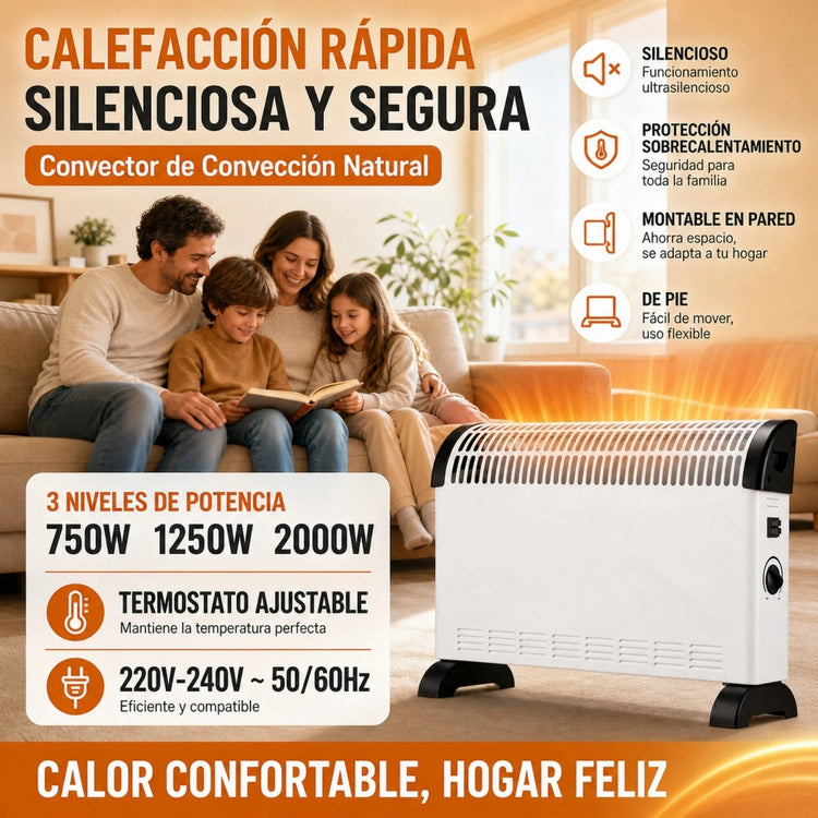 2000W Electric Convection Heater with Adjustable Thermostat and 3 Power Levels, Silent Low-Consumption Heater for Wall or Floor