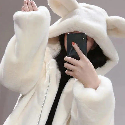 Cosy Loose Faux Fur Coat Womens Faux Fur Fuzzy Hooded Fluffy Ears Surcoat Overcoat Woman Winter Warm Outerwear Snowy Day Wrap