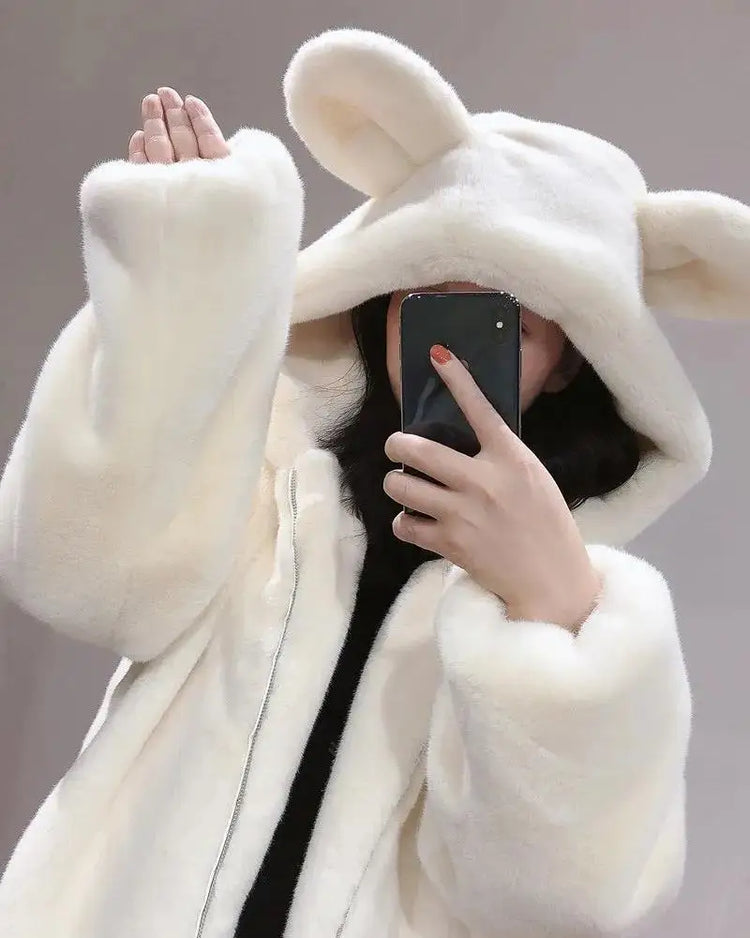 Cosy Loose Faux Fur Coat Womens Faux Fur Fuzzy Hooded Fluffy Ears Surcoat Overcoat Woman Winter Warm Outerwear Snowy Day Wrap