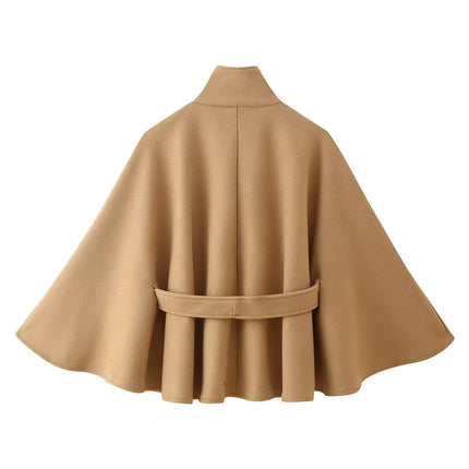Women's Elegant Midi Cape Coat with Stand Collar Three Quarter Flared Sleeves Solid Color Belted Loose Fit Poncho For Woman