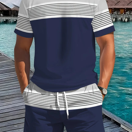 2026 Summer New Arrival Men's Casual Two-piece Set 2026 Striped Print Short Sleeve Shirt and Sports Shorts Men's Fitness Set