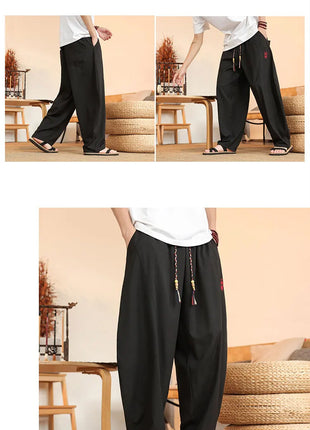 Pantaloni neri da uomo estivi leggeri e larghi in stile retrò giapponese, pantaloni harem casual traspiranti e comodi con elastico in vita